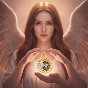 Archangel Chamuel holding the 24k gold-plated tensor-ring pendant with healing crystals — unconditional love and emotional healing, Energies of Service