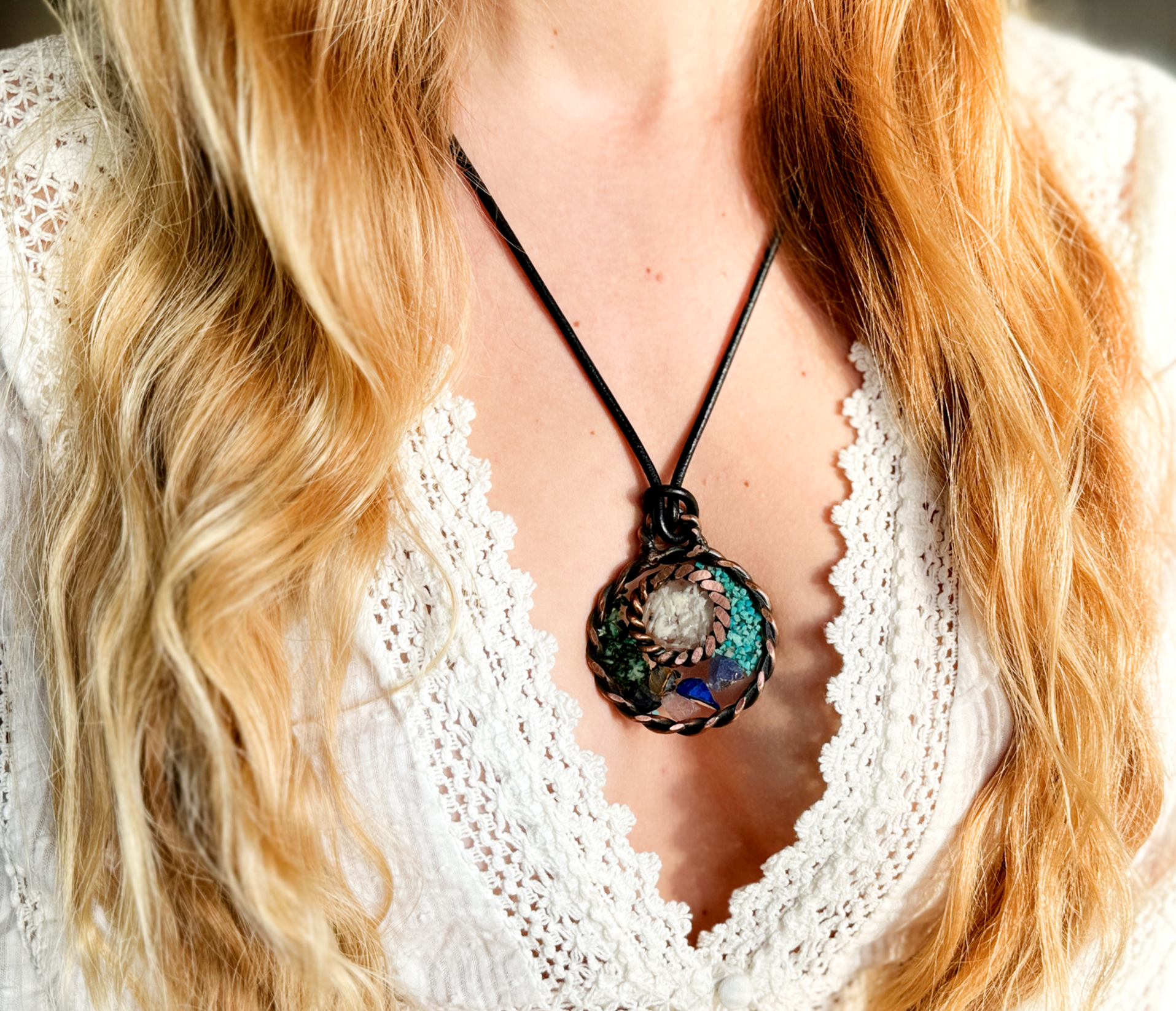 Handmade copper tensor ring EMF protection pendant — Slim Spurling Lost Cubit lineage, 8 shielding crystals, by Energies of Service