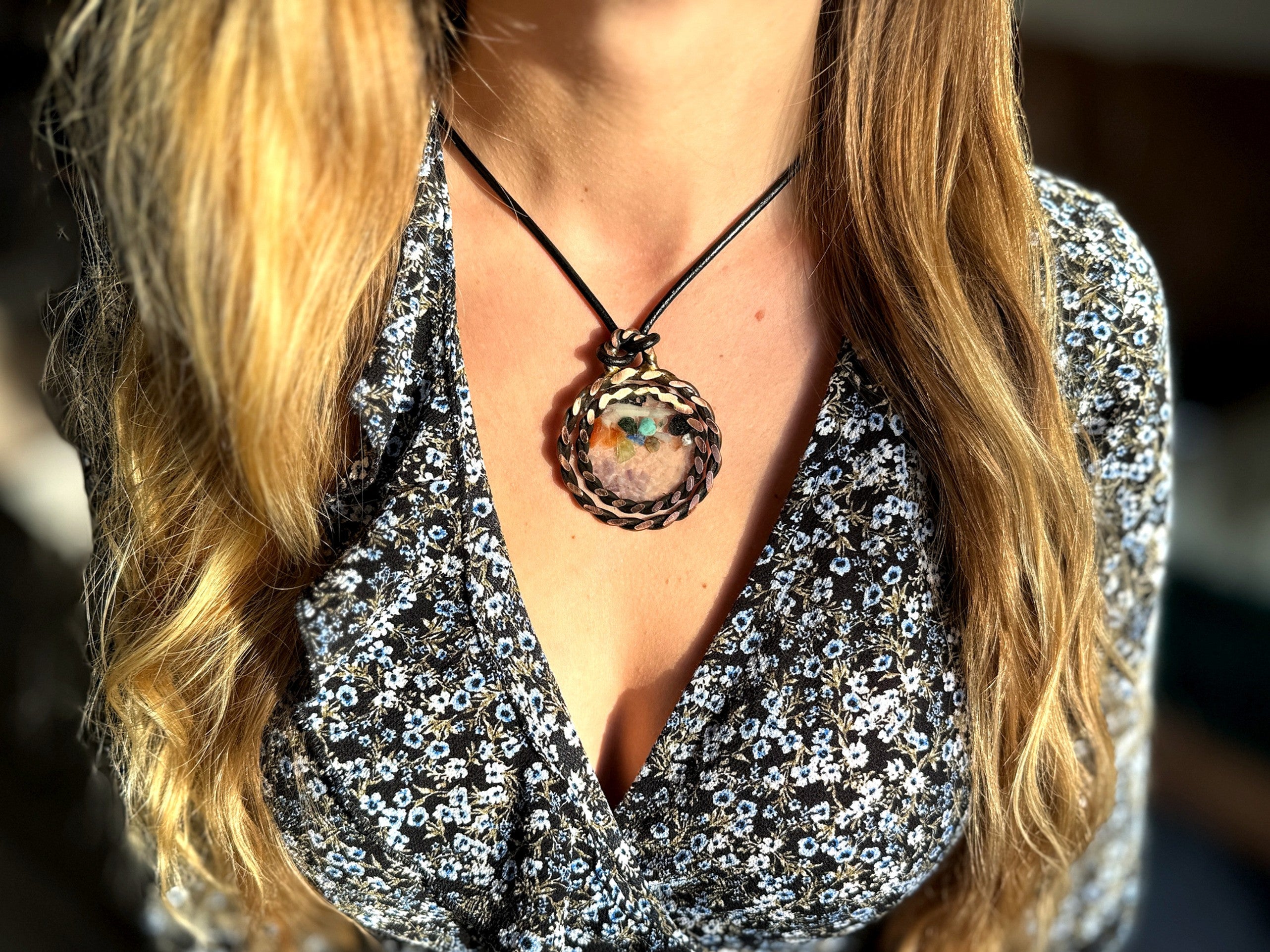 Emotional healing pendant in handmade copper — Lost and Unity Cubit tensor rings, channeled design by Energies of Service