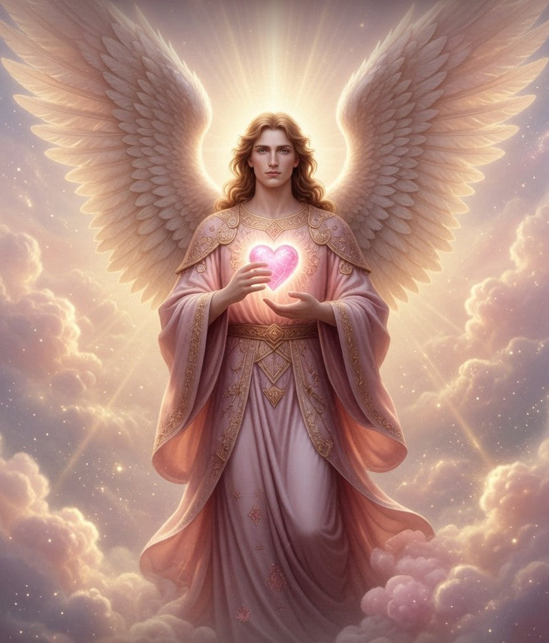Archangel Chamuel holding a glowing rose-pink heart of compassion