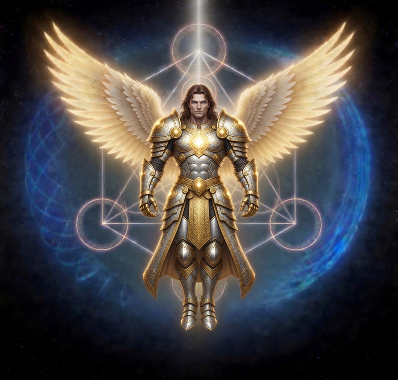 Archangel Metatron in golden armor with spread wings inside Metatron's cube sacred geometry