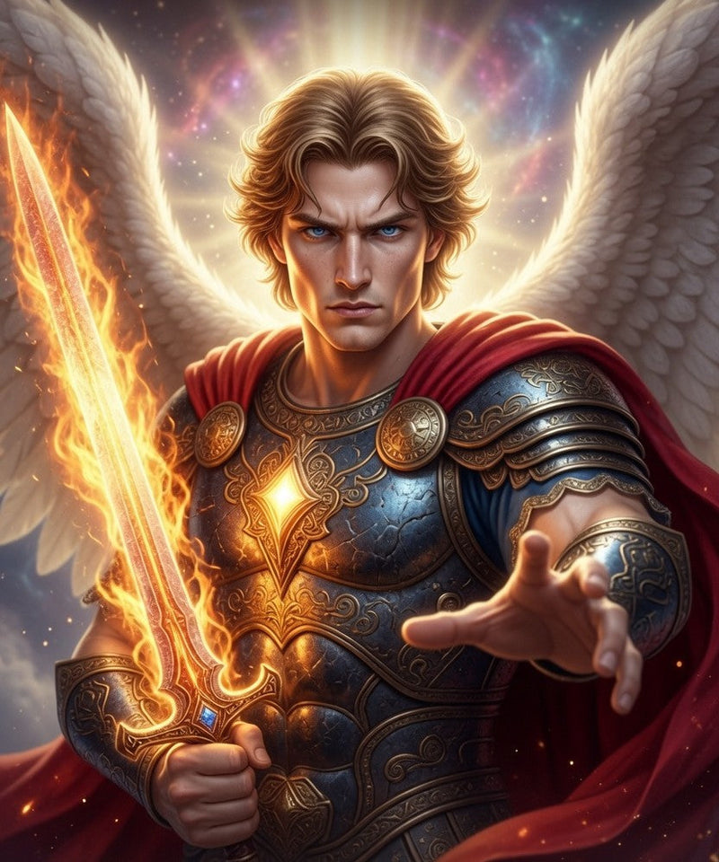 Archangel Michael with flaming sword and white wings, protective gaze
