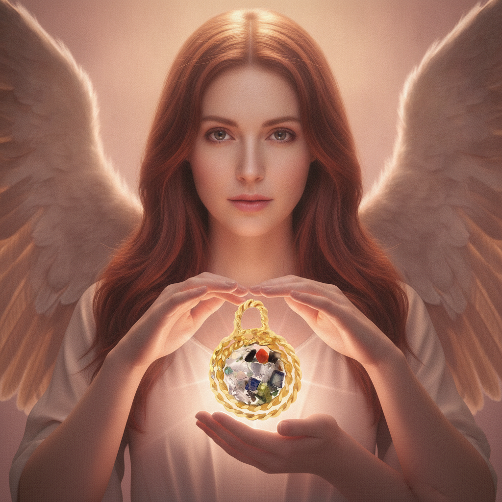 Archangel Chamuel holding the 24k gold-plated tensor-ring pendant with healing crystals — unconditional love and emotional healing, Energies of Service