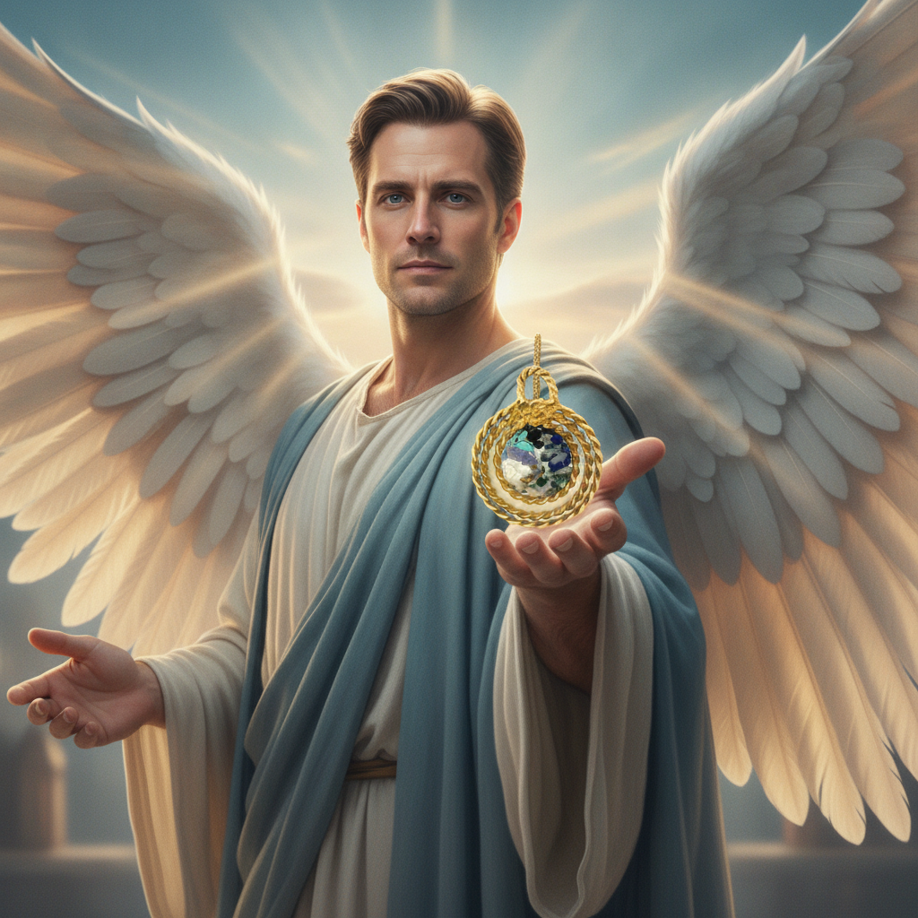 Archangel Gabriel, the communicator of God, presenting the 24k gold-plated tensor-ring pendant — divine clarity and connection, Energies of Service