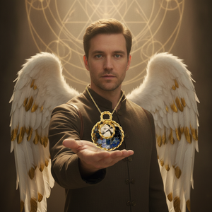 Archangel Metatron with sacred geometry presenting the 24k gold-plated tensor-ring pendant — keeper of sacred geometry and energetic protection, Energies of Service