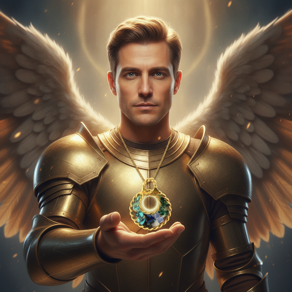 Archangel Michael in radiant divine gold armor presenting the 24k gold-plated tensor-ring pendant — protector and cutter of cords, Energies of Service