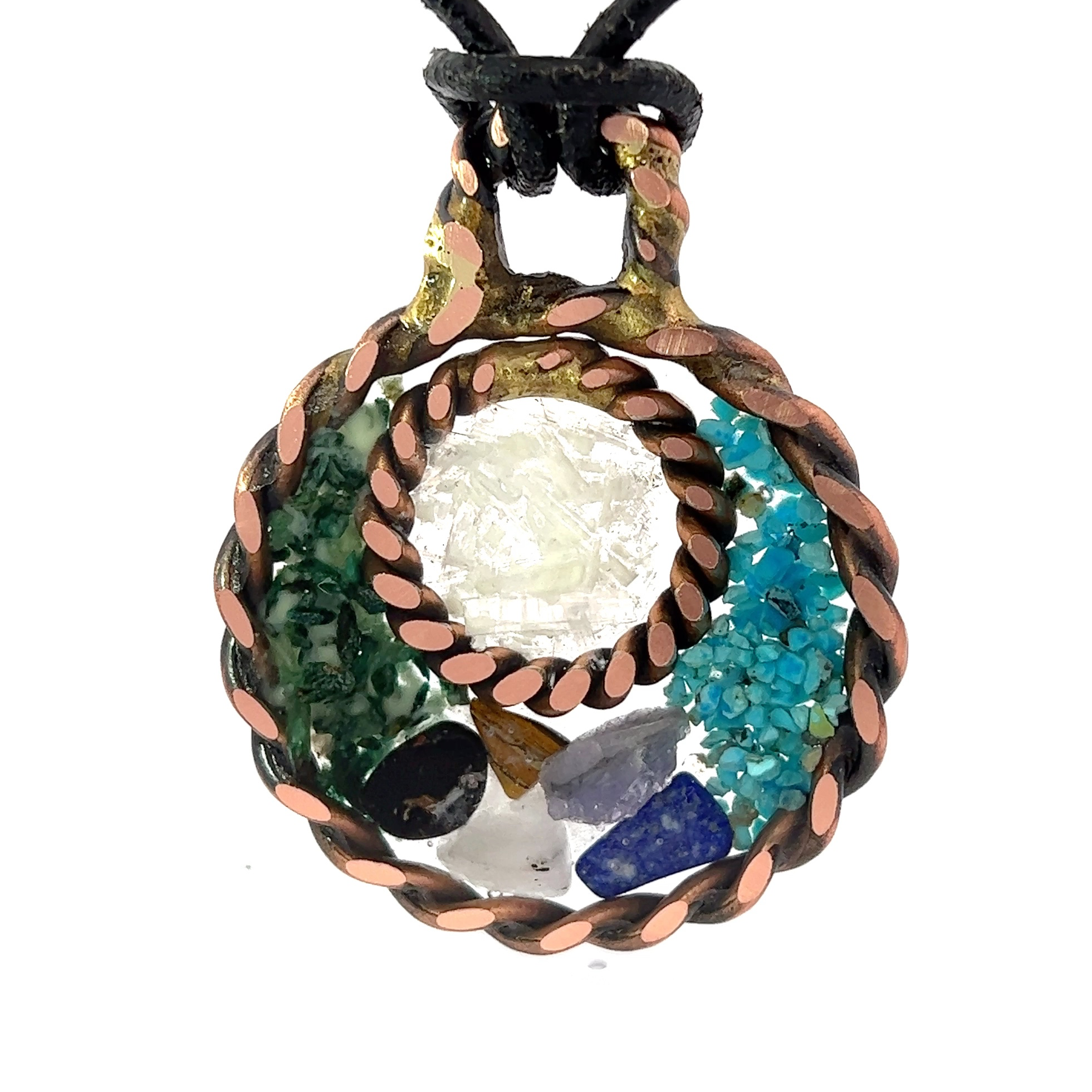 Archangel Michael protection pendant — twisted copper tensor rings with selenite, turquoise and lapis crystals on black leather cord