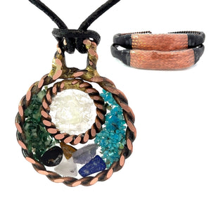 Complete EMF protection set — handmade twisted copper tensor ring pendant and braided copper grounding anklets