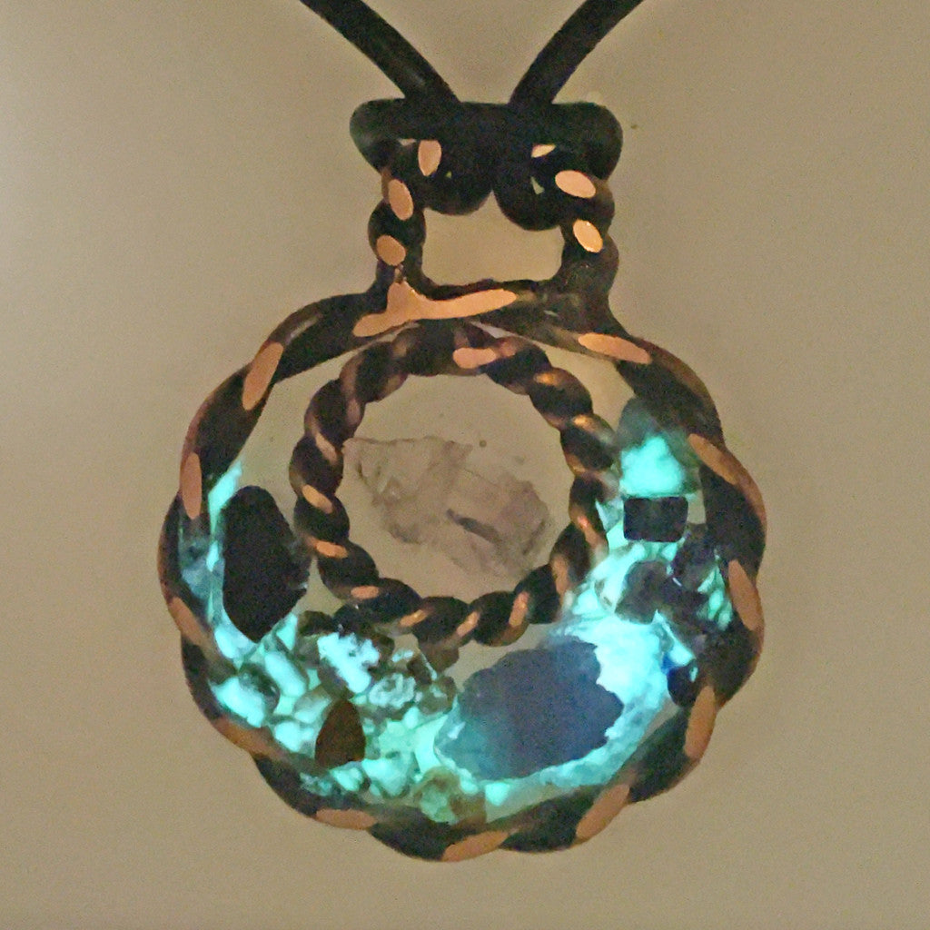 Metatron sacred geometry pendant in hand-formed copper — Morganite, Tanzanite, Lapis Lazuli, Tiger's Eye and Black Onyx crystals