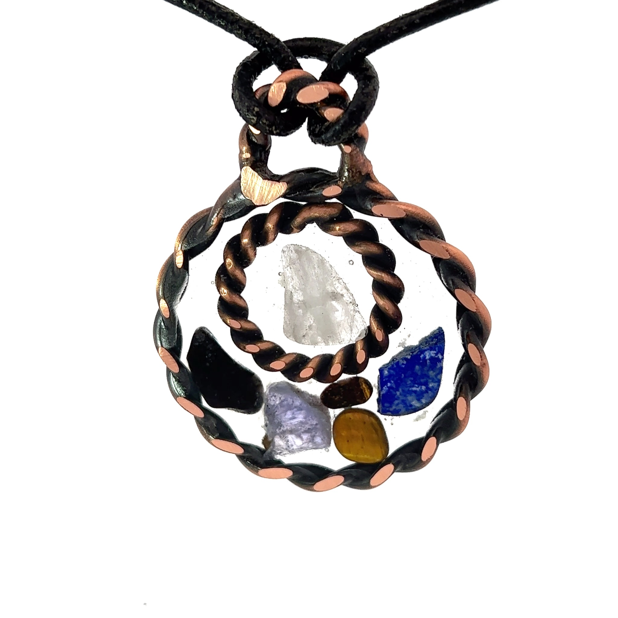 Archangel Metatron pendant and braided copper grounding anklets — matching five-crystal tensor ring system
