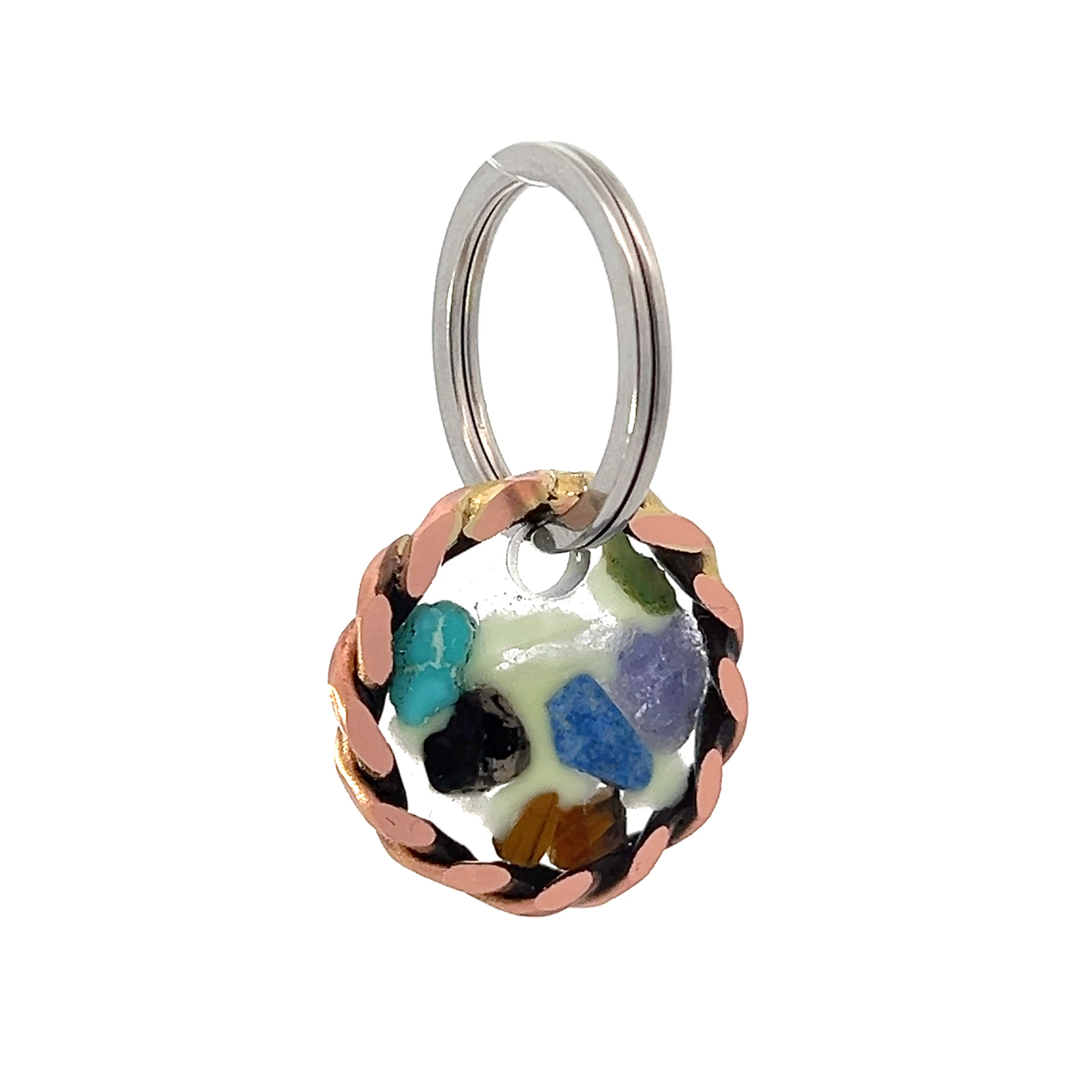 Pet calming pendant — miniature twisted copper tensor ring with crystal chips on stainless collar ring, for dogs and cats